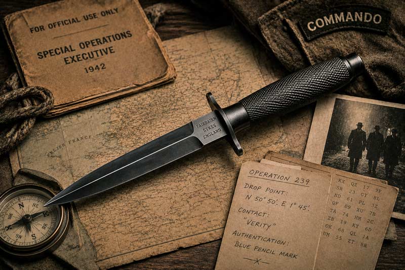Fairbairn-Sykes fighting knife displayed on WWII-style maps, coded documents, and covert operations gear.