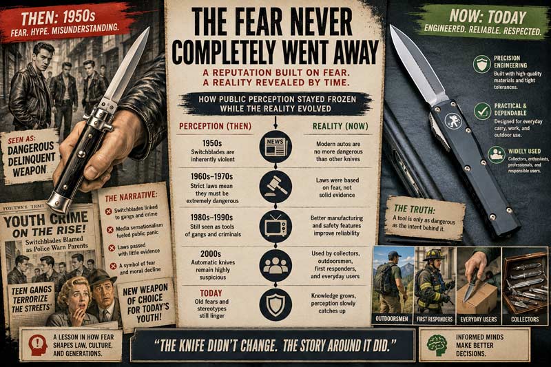 Switchblade fear timeline infographic comparing 1950s panic with modern automatic knife reality.