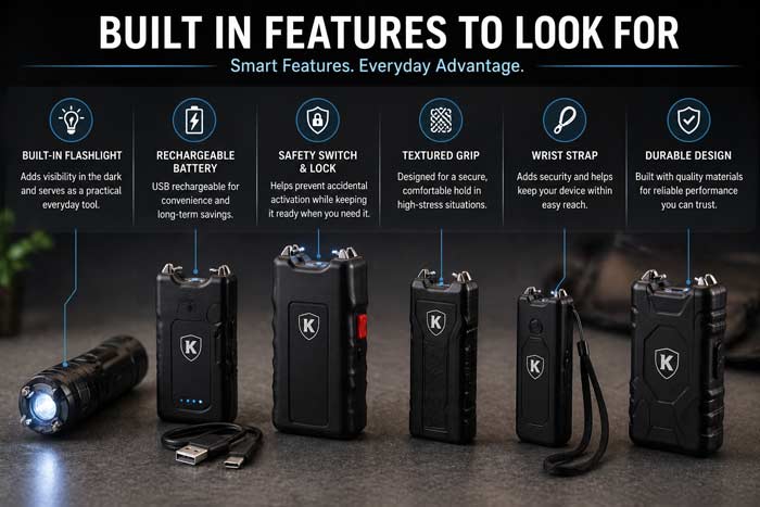 Infographic showing stun gun features like flashlight, rechargeable battery, safety switch, grip, and wrist strap in a labeled layout