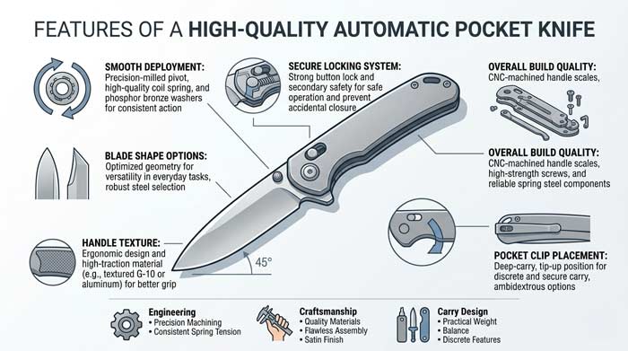 Infographic showing the key features of a quality automatic knife including deployment, lockup, blade shape, and handle design