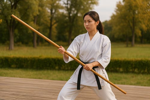 Female martial artist practicing a bo staff outdoors in a focused front stance.