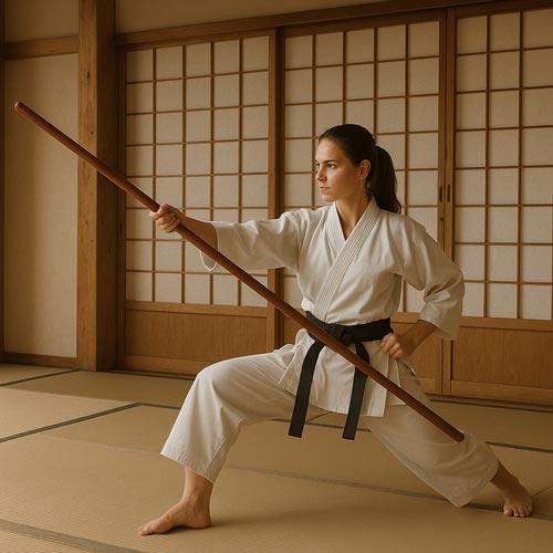 Female martial artist practicing bo staff technique in a traditional dojo.