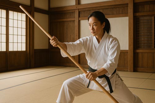 Female martial artist practicing bo staff in a traditional dojo.