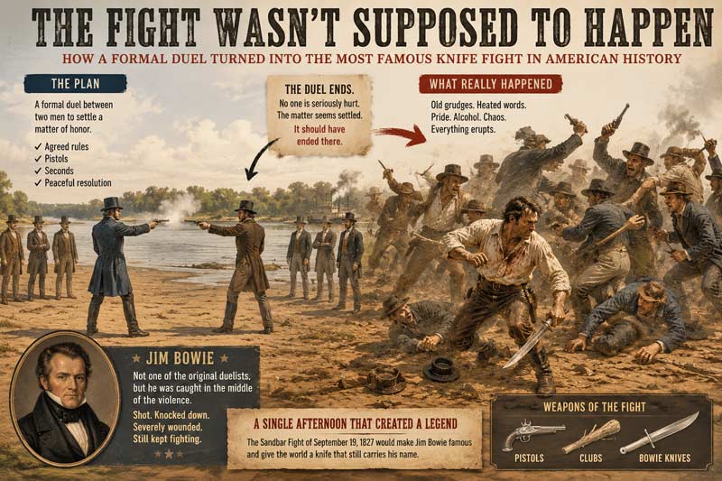Sandbar Fight infographic showing a peaceful duel escalating into the most famous knife fight in American history.