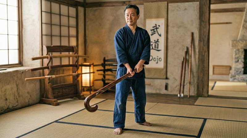 Person holding a curved martial arts cane in a dojo training environment, demonstrating traditional cane technique and posture