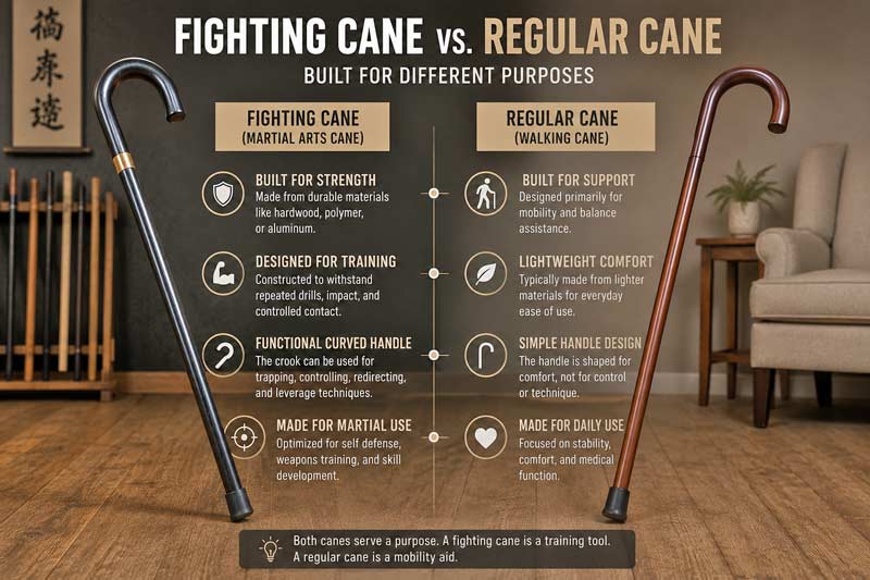 Comparison infographic showing a fighting cane and regular walking cane with differences in strength, training, and everyday use