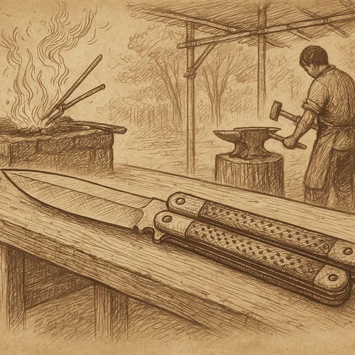 Vintage illustration of a Filipino blacksmith forging a balisong.