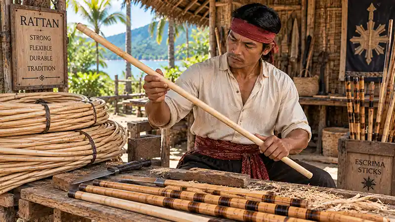 Filipino craftsman preparing rattan for traditional escrima sticks in an open-air workshop