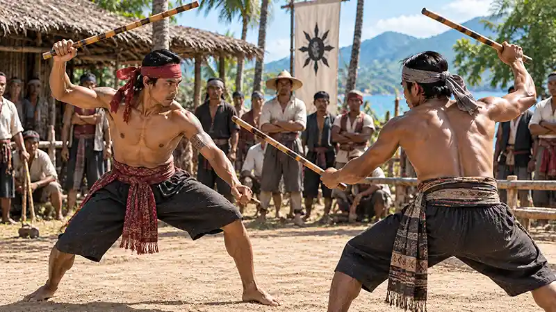 Traditional Filipino stick fighters competing in a full-contact match surrounded by spectators