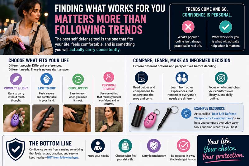 Infographic-style image showing everyday carry self defense tools and personal safety options with messaging about choosing what fits your lifestyle instead of following trends