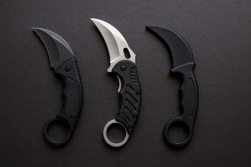 Comparison of fixed blade, folding, and training karambit knives.