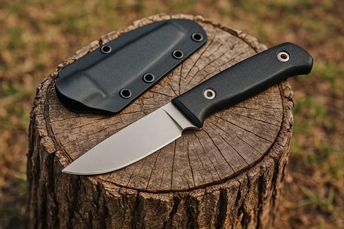 compact EDC fixed blade knife and black sheath displayed on a tree stump outdoors