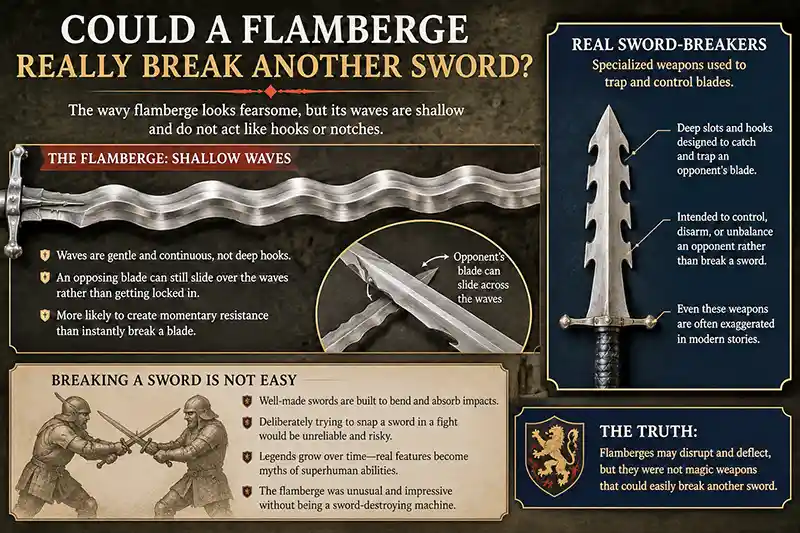 Flamberge blade compared with a notched swordbreaker dagger