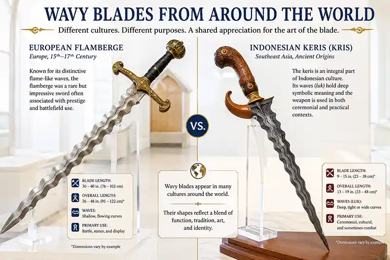 European flamberge compared with a wavy Indonesian keris
