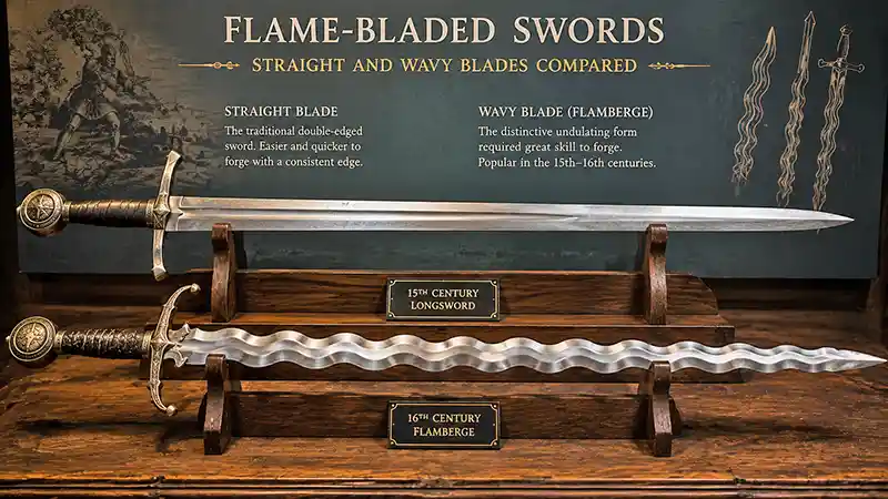Straight sword and wavy-bladed flamberge displayed side by side