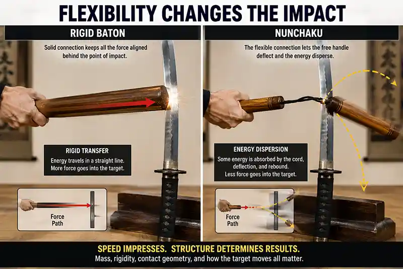 Rigid wooden baton and flexible nunchaku compared striking a sword blade to show differences in impact and energy transfer