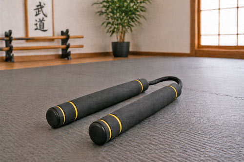 Foam nunchucks lying on dojo floor