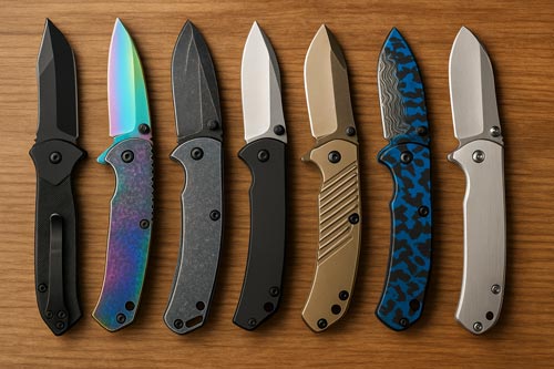 Various folding knives laying on a piece of wood.