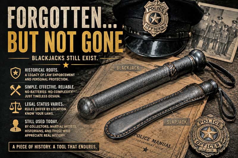 Vintage police blackjack and slapjack with forgotten law enforcement history infographic