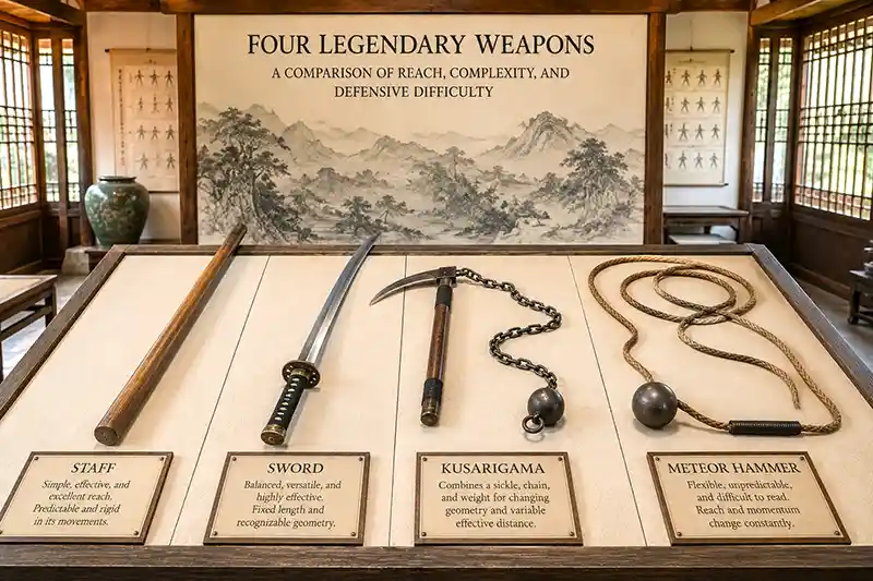 Staff, sword, kusarigama, and meteor hammer compared in a historical weapon display