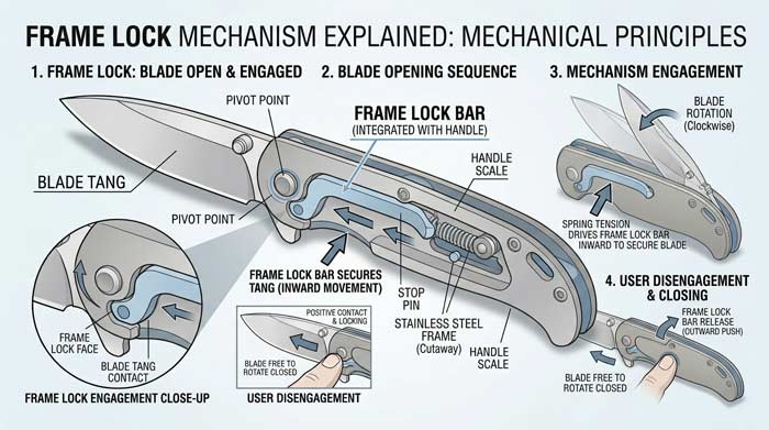 Infographic showing how a frame lock mechanism secures a folding knife blade using labeled internal components and cutaway diagrams