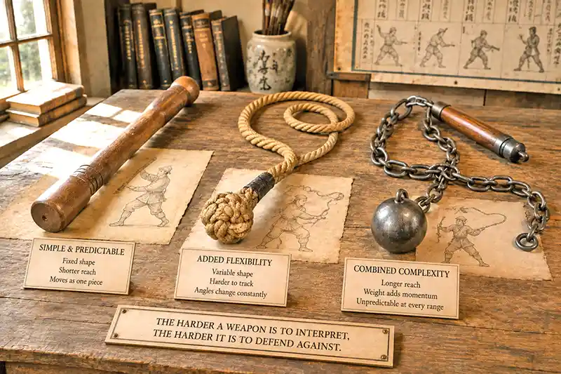 Wooden club, weighted rope, and chain weapon compared for movement complexity