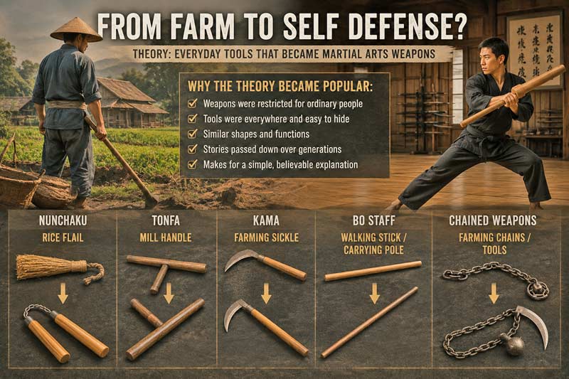 Why people believe martial arts weapons started as farm tools showing farmers, martial artists, and tool-to-weapon origins of nunchaku, tonfa, kama, bo staff, and chained weapons