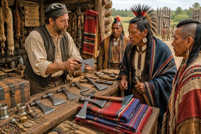 European trader presenting forged tomahawk heads to Native American visitors at a colonial trading post.