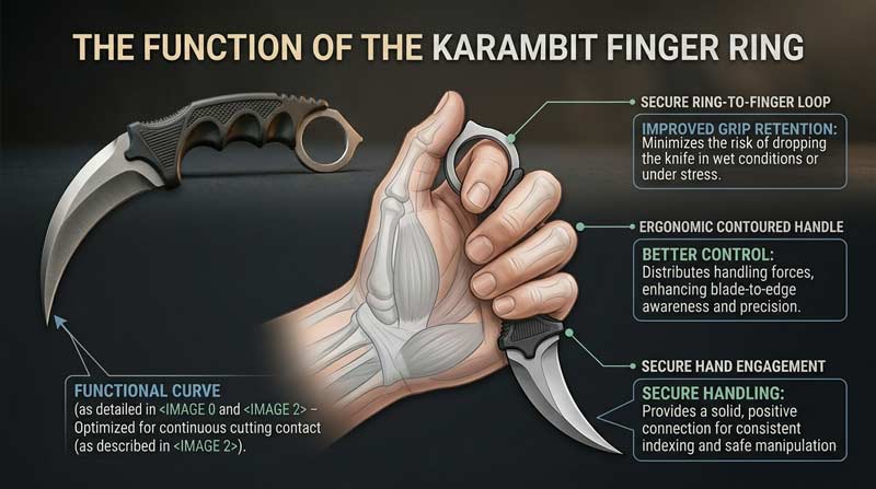 Purpose of the karambit finger ring showing proper reverse grip, secure handling, and improved control diagram