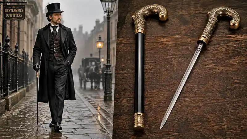 Victorian gentleman carrying a cane sword beside an ornate antique cane with its hidden blade revealed.