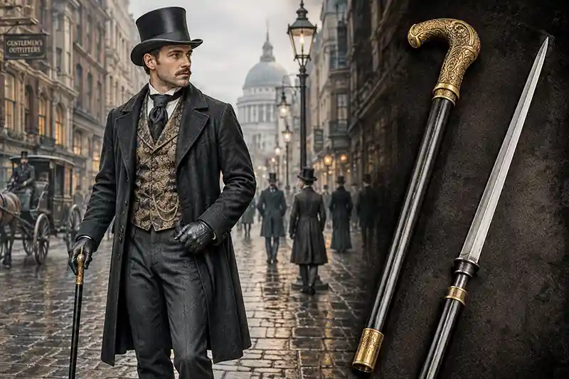 Victorian gentleman carrying an ornate cane sword through a historic city street with the concealed blade revealed.