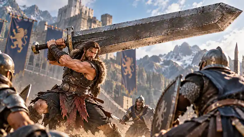 Fantasy warrior wielding an enormous sword against armored knights on a medieval battlefield.