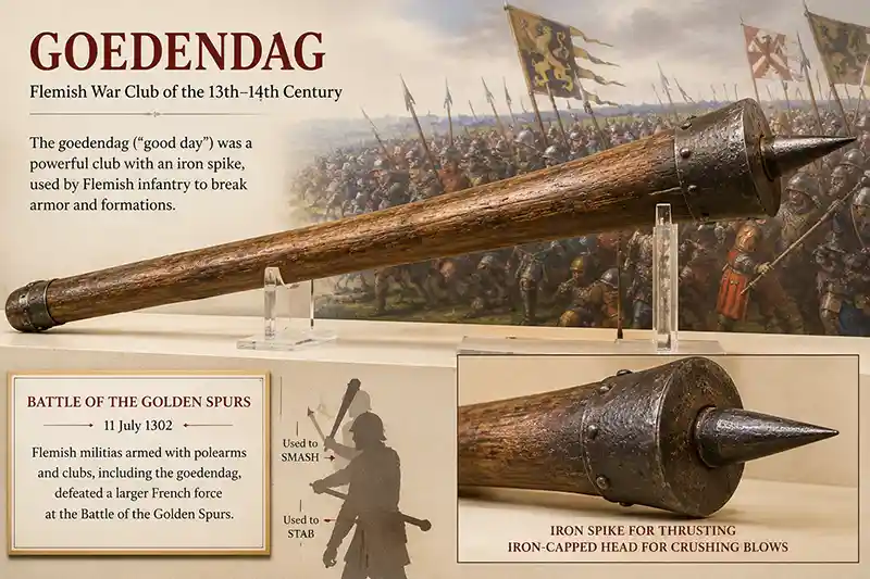 Medieval Flemish goedendag with iron spike and wooden club shaft