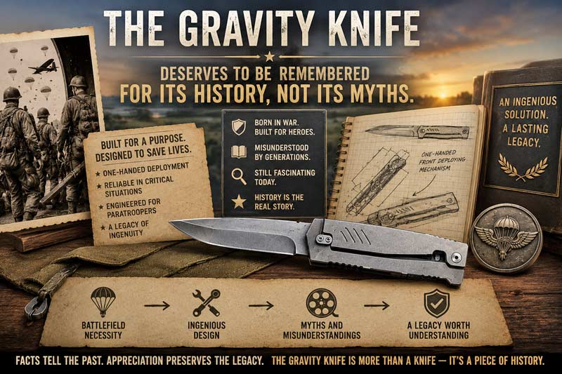 Editorial infographic celebrating the gravity knife's true history and lasting legacy.