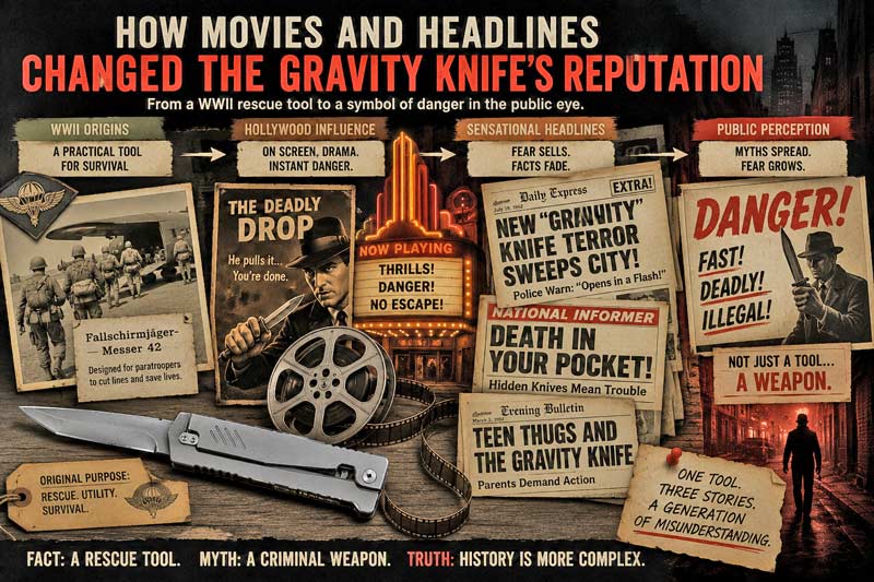 Infographic showing how movies and headlines transformed the gravity knife's public image.