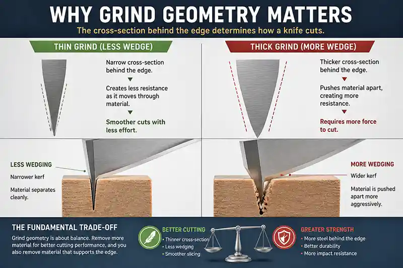 Knife grind geometry comparing thin and thick blade cross-sections