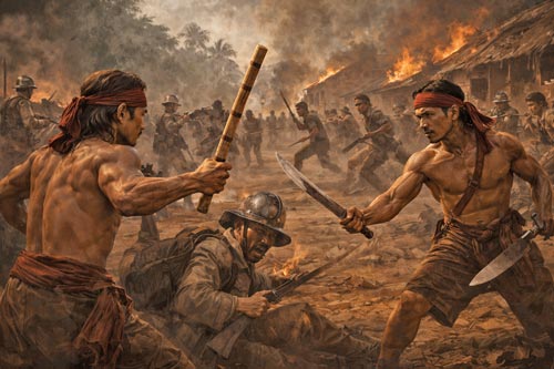 Filipino guerrilla fighters using Escrima techniques during wartime battle.