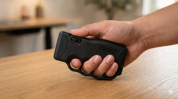 Hand holding some self-defense stun knuckles.
