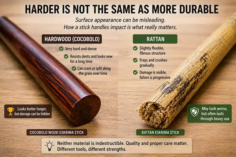 Cocobolo hardwood and worn rattan escrima sticks compared