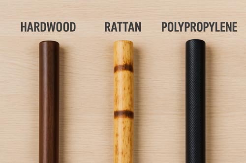 Hardwood, rattan, and polypropylene staffs displayed side by side on a wooden background.