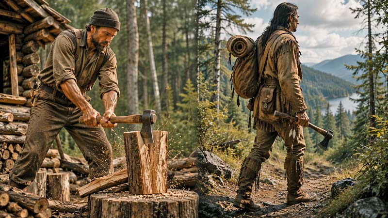 Woodsman splitting firewood beside a frontier traveler carrying a tomahawk