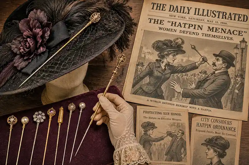 Edwardian hatpins with vintage newspaper illustrations about self-defense