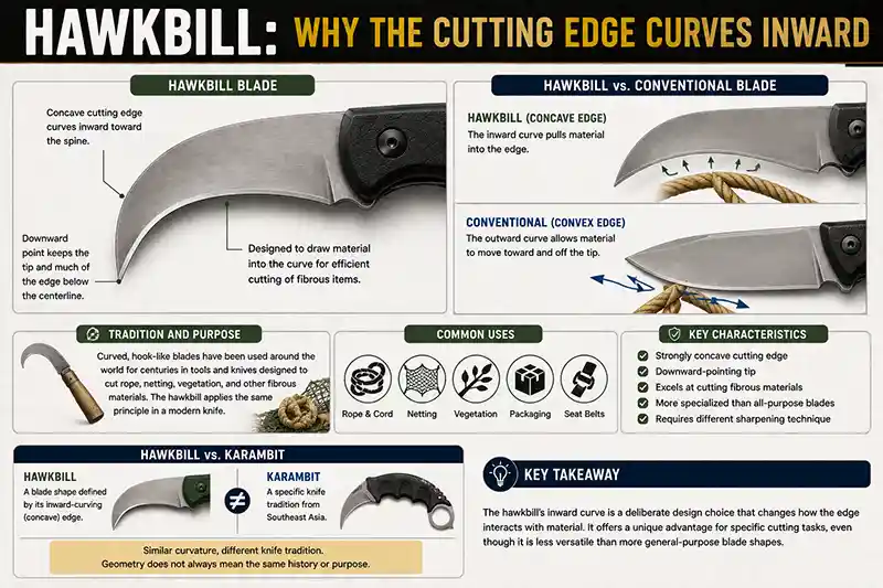 Hawkbill blade shape with inward-curving cutting edge