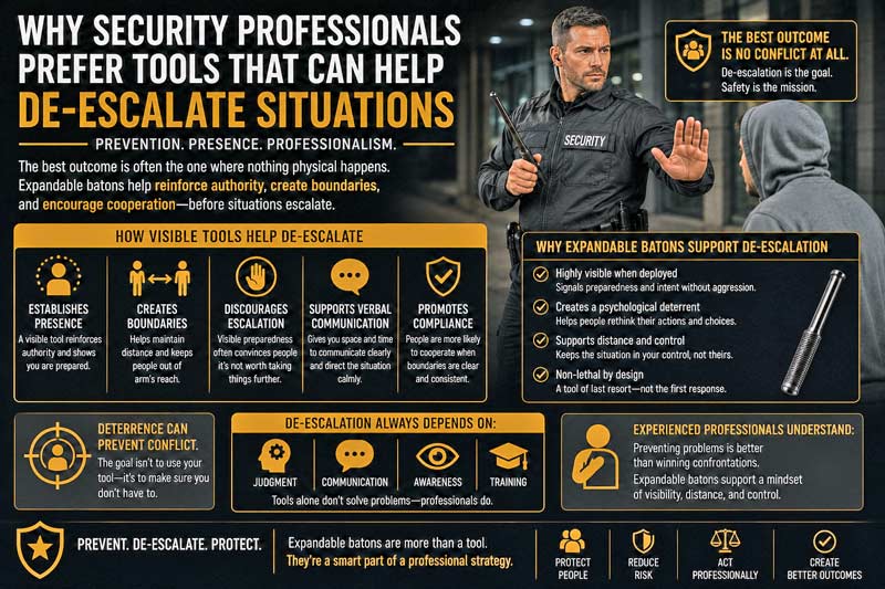 Security professional de-escalation and expandable baton infographic