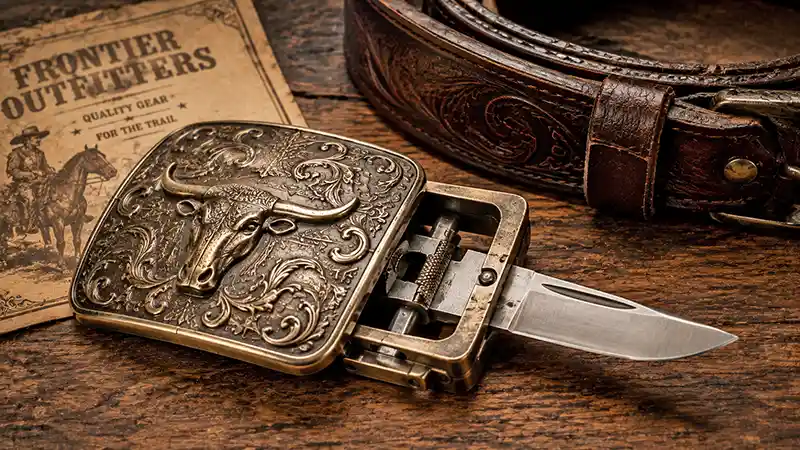 Ornate belt buckle knife with a concealed blade partially extended on a rustic wooden table.