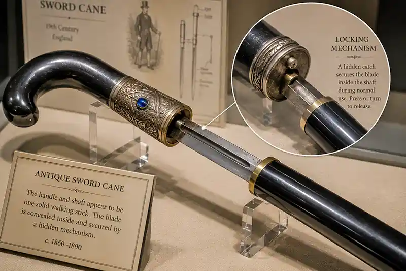 Antique sword cane partially opened to show its concealed blade and locking mechanism