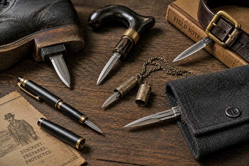 Collection of hidden knives disguised in everyday objects displayed on dark wood with vintage carry gear.