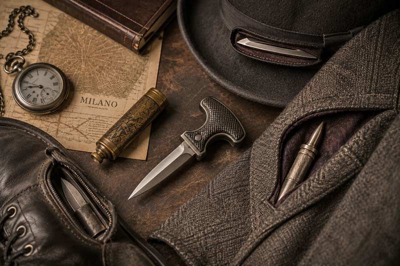 Hidden knives displayed with vintage travel gear, concealed compartments, and old-world urban atmosphere.