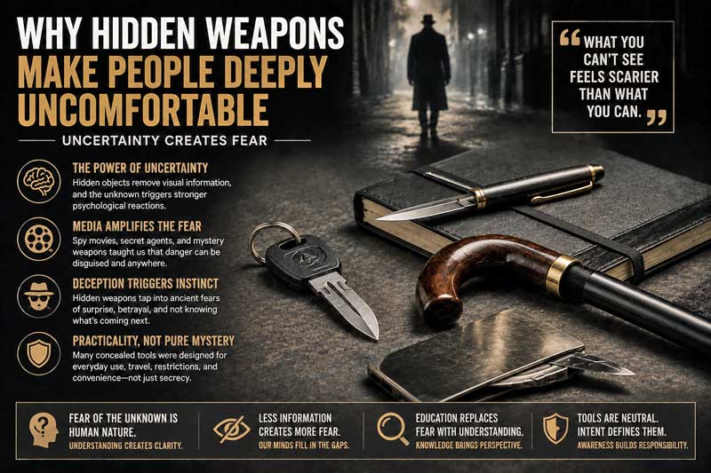 Editorial-style image exploring why hidden weapons feel unsettling, featuring concealed everyday objects, dramatic shadows, and themes of uncertainty and psychological fear.