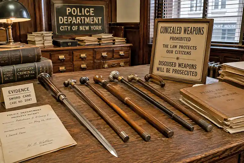 Sword cane displayed as police evidence beside concealed weapon laws and legal documents